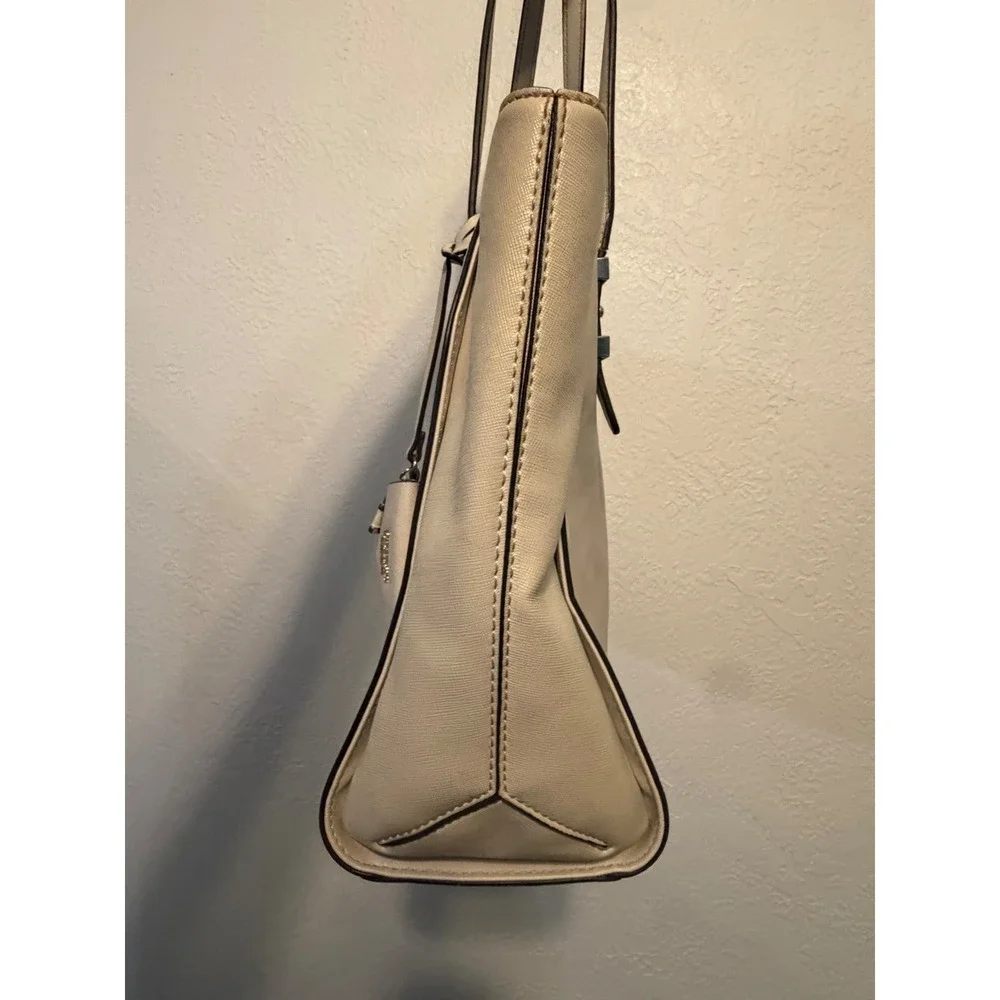 Guess Cream Saffiano PVC Tote Bag Silver Hardware Off White Shoulder Bag